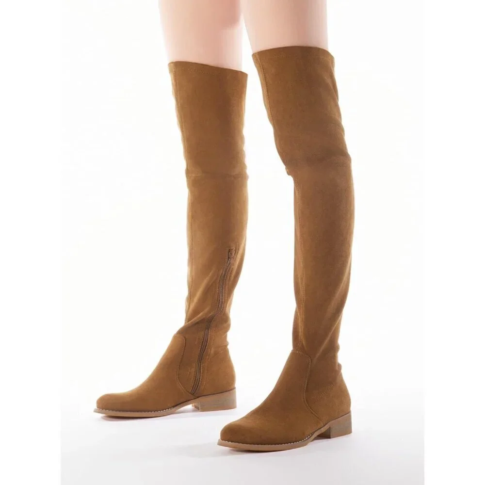 Women Brown Faux Suede Over The Knee Thigh High Low Block Heel Pointed Toe Boot